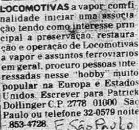 Anúncio publicado por Patrick Dollinger no jornal O Estado de São Paulo em fevereiro de 1977
